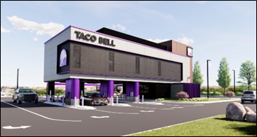 Rendering of long rectangular building with purple accents and glass exterior
