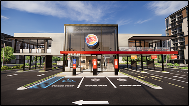 Generated image of parking lot and mostly glass building with round Burger King Logo