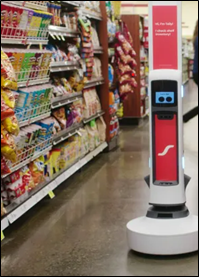 Grocery store shelves full of packaged items with a robot shopper in the middle